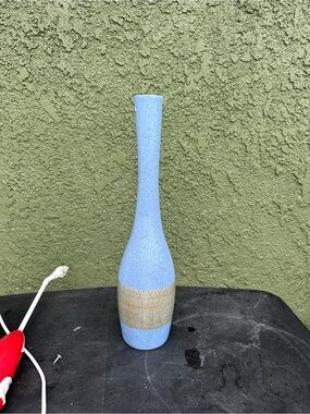 Vintage signed Tall Blue Ceramic Vase with Textured Beige Band